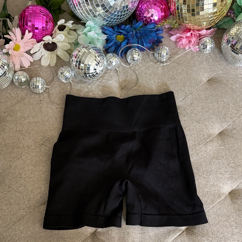 High-Waist Ribbed Black Women's Workout Shorts